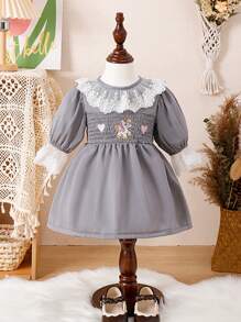 Rochie de culoare solidă prințesă cu mânecă bubble pentru fetițe cu gât rotund, cu dantelă, broderie unicorn și inimă, căptușeală din satin, drăguță și confortabilă și elegantă, primăvară și toamnă nou sosire