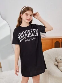 SHEIN Tween Girl Slouchy Summer Short Sleeve Sleep Dress, Loose & Comfortable Knitted Skin-Friendly Home Wear, Bear Printed