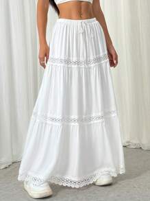 SHEIN EZwear Jupe longue évasée de couleur unie blanche avec dentelle contrastée - Blanc - Voir 6