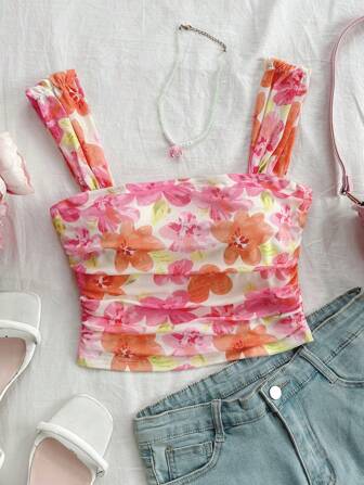 Soleia Multicolor Floral Pleated Mesh Romantic Casual Vacation Women's Camisole Tank Top
