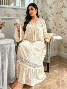 CottageSlumber 中长加大码睡衣裙，采用亲肤面料制成，宫廷风格，长裙舒适优雅，适合秋季 - 杏色 - 查看 1