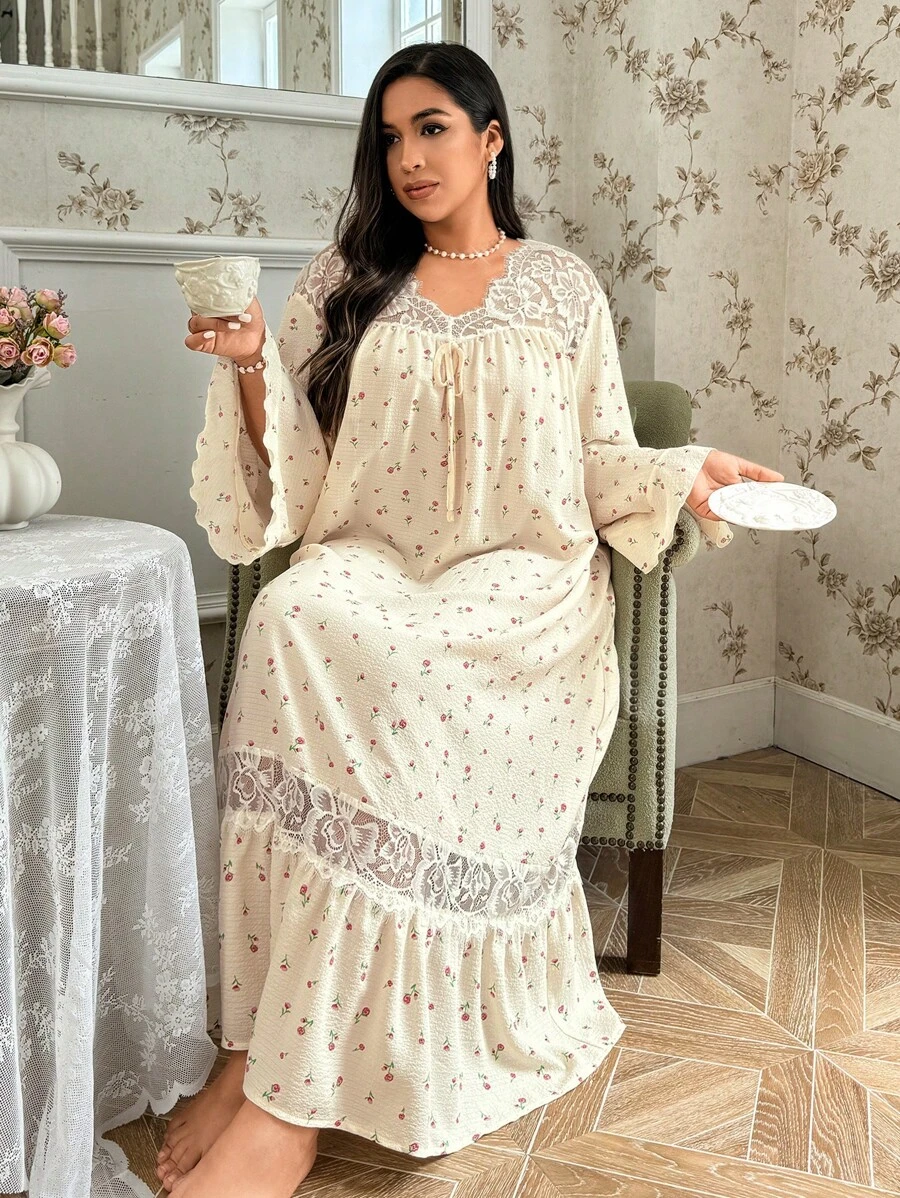 CottageSlumber 中长加大码睡衣裙，采用亲肤面料制成，宫廷风格，长裙舒适优雅，适合秋季 - 杏色 - 查看 1