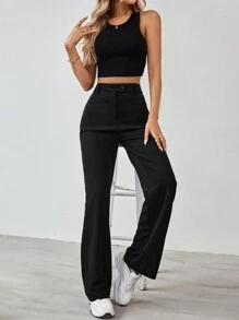 SHEIN Tall Women's Solid Color Zipper Built-In Straight Pants