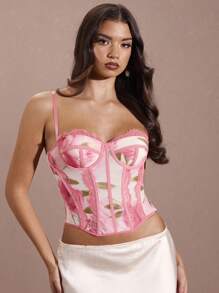 SHEIN BAE Áo yếm ren hoa in hoa mùa hè theo phong cách xương cá dành cho nữ, nổi bật với họa tiết in hoa lớn và ren chắp vá - Hồng - Xem 7