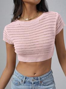 SHEIN Unity Solid Solid Crop Pointelle Knit Top - Pink - View 5