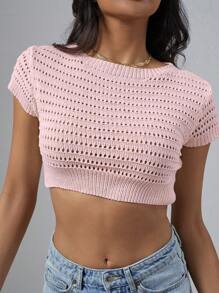 SHEIN Unity Solid Solid Crop Pointelle Knit Top - Pink - View 6