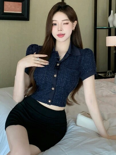 DAZY Party/Reunion/Back To School Patchwork Short Sleeve Women's Shirt Preppy Tops