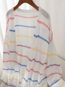 SHEIN Essnce Plus Size Loose Long Sleeve Striped Cardigan In Multiple Colors - Multicolor - View 9