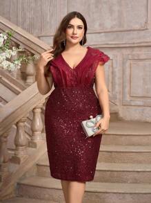SHEIN Belle Burgundy Red Luxurious Beaded Patchwork Dress With Ruffled Sleeves And Elegant Fish Tail Design, Plus Size Party Gown - Burgundy - View 4