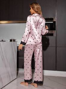 LuxeNights 拼色蕾丝波尔卡圆点花卉印花缎领女士睡衣套装，秋季服装 - 淺粉色 - 查看 2