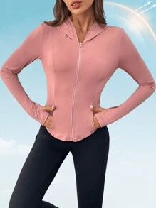SHEIN LUNE High-End Women's Fitness Jacket, Outdoor Running Slimming Pink Long Sleeve Hooded Summer / Early Autumn Sports Sunscreen Coat With UV Protection And Cooling Comfort Fall Clothes Leopard Fall Tops Fall Outfits