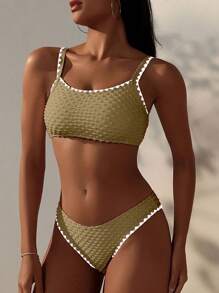 SHEIN Swim Whip Stitch Swim Top & Swim Bottom Bikini Set Summer Beach - Khaki - View 1