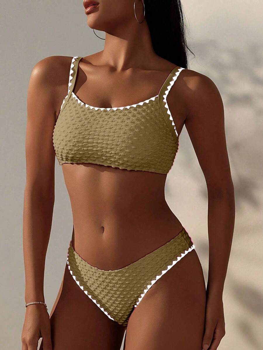 SHEIN Swim Whip Stitch Swim Top & Swim Bottom Bikini Set Summer Beach - Khaki - View 1