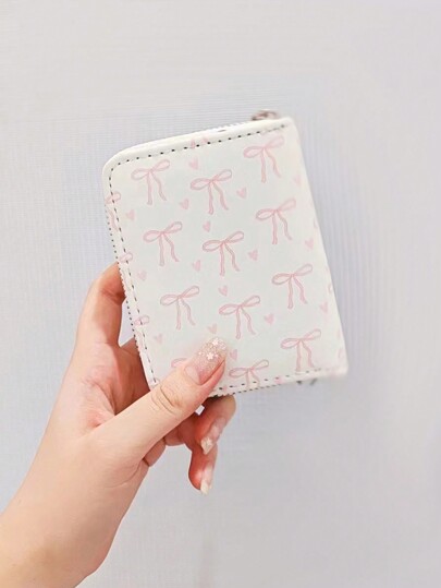 Kawaii Portefeuille court de base blanc avec motif de nœuds roses partout, support de carte multi-fonction créatif