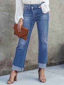 休闲美式基本款不对称腰带带口袋洗水牛仔裤