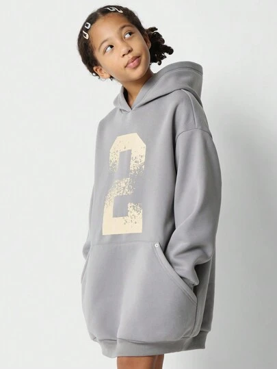  SUMWON Varsity Number Two Hoodie Dress Sporty Longline Wear Cozy Pullover Sweatshirt Fall Winter Athleisure Tracksuit Style Vacation