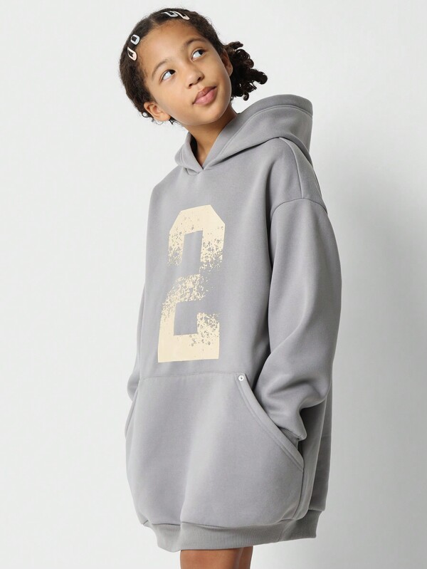 SUMWON Varsity Number Two Hoodie Dress Sporty Longline Loungewear Cozy Pullover Sweatshirt Fall Winter Athleisure Tracksuit Style
