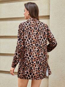 SHEIN Essnce Women's Summer Or Fall OutfitsLeopard Print Long Sleeve Button Up Shirt And Stylish Loose Casual Shorts, 2pcs/Set Button Down Shirt  - Mommy And Me Matching Outfits (Sold Separately) - Multicolor - View 7