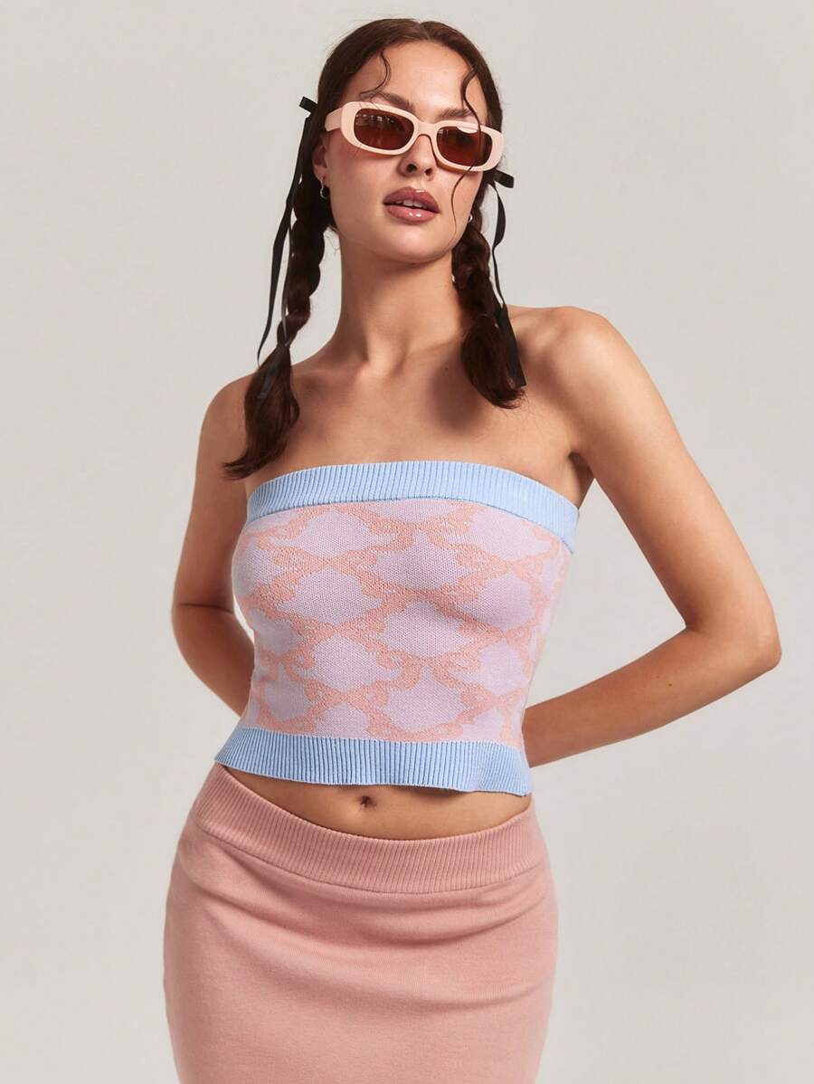 SHEINNeu Women Tops, Knitted, Fall, Fall Clothes, Tube Top, Bow Pattern, Light Pink, Babyblue, Summer Beach Tops, Daily, Versatile, Cute, Contrasting Design, Winter Women Clothes