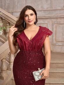 SHEIN Belle Burgundy Red Luxurious Beaded Patchwork Dress With Ruffled Sleeves And Elegant Fish Tail Design, Plus Size Party Gown - Burgundy - View 7