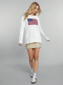 Easelle Women 4th Of July American Flag Pattern Round Neck Casual Long Sleeve Sweater
