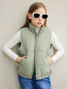 Tween Girls' Simple And Casual Loose Green Stand Collar Sleeveless Jacket Padded Coat For Fall/Winter - Green - View 1