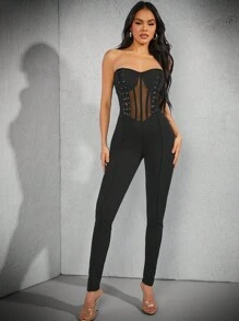 Hauture Women's Summer Fashion Mesh Contrast Cross Bandage Strapless Slim Jumpsuit