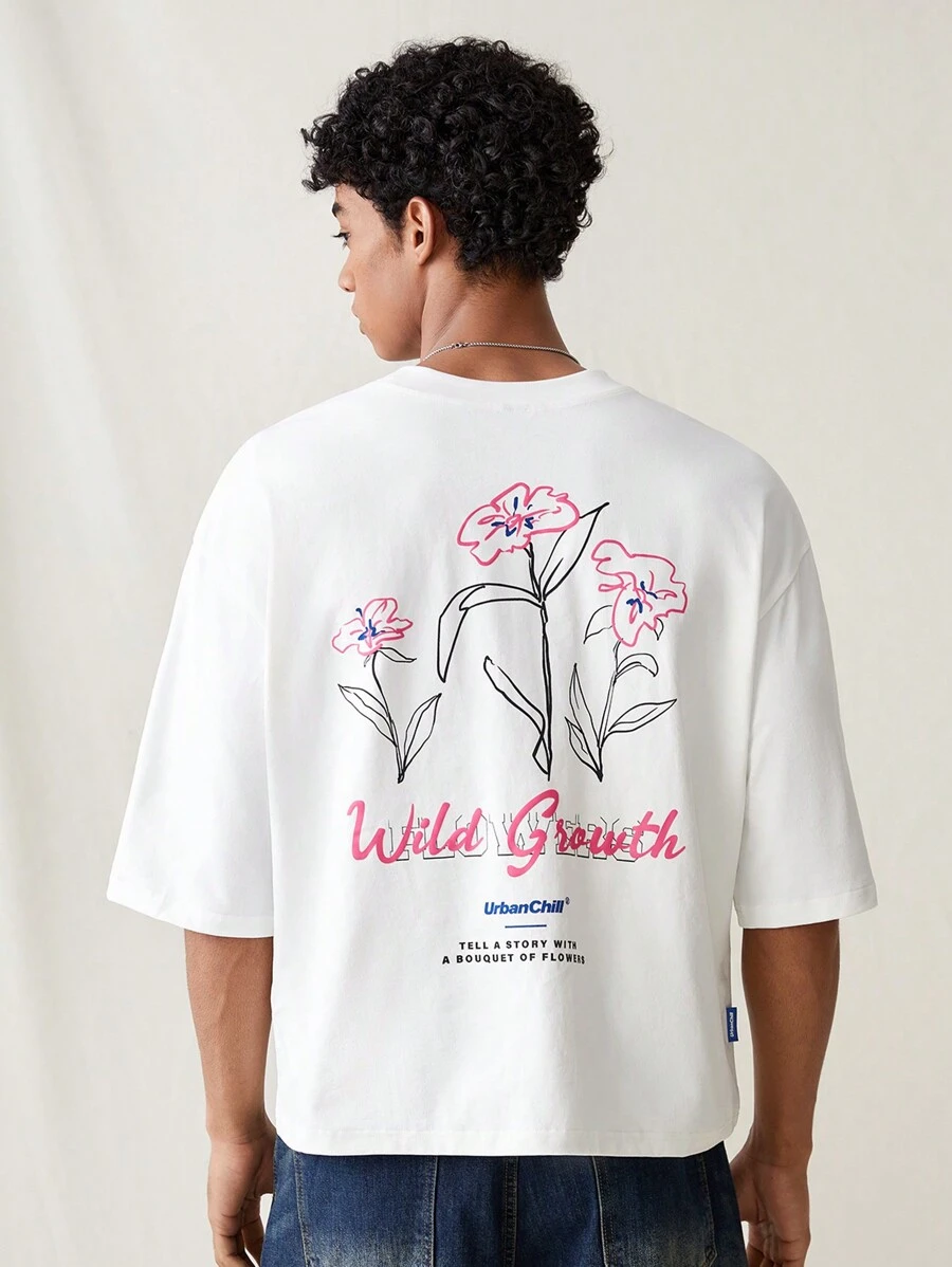 SWAVVY Camiseta de manga corta casual y holgada con estampado floral gráfico de punto para hombre, camiseta cuadrada de moda, regalo para el novio, verano - Blanco - Ver 1