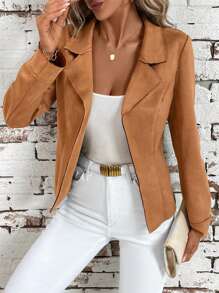 SHEIN Clasi 女士優雅的襯衫領束腰麂皮夾克 - 棕色 - 查看 3