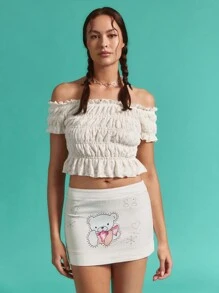SHEINNeu Parte superior con patrón de rosa de jacquard tejido, parte superior hombros descubiertos, con volantes, con borde con volantes fluidos para mujer