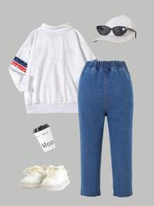 SHEIN Juego de ropa casual para el día a día, jeans de estilo deportivo universitario y sudadera de manga larga con estampado de letras, para otoño/invierno - 2 piezas - Beis - Ver 2