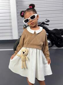 SHEIN Girls Spring And Autumn Two-Piece Casual Simple Knitted Jacquard Moon Bay Fabric Solid Color Long Sleeve V-Neck Top T-Shirt + Woven White Lapel Collar Tank Dress  Elegant Princess Dress A-Swing Skirt
