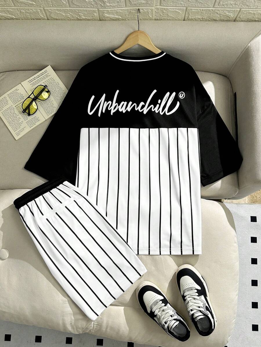 Manfinity VCAY 男式針織休閒透氣條紋和印花寬鬆短袖T恤，彈性腰短褲套裝，日常和年輕時尚適用，2件套 - 黑與白 - 查看 1