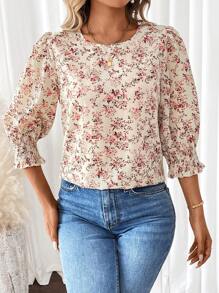 SHEIN Clasi 女士宽松度假碎花泡泡袖圆领夏季衬衫、七分袖上衣 - 杏色 - 查看 6