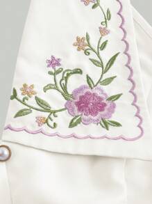 SHEIN MOD 白色花卉刺绣短款女士衬衫、翻领 V 领、春夏衬衫、返校服、衬衫、女式工作衬衫、早午餐、紧身衬衫、校服、西装、浪漫衬衫、无袖上衣 - 白色 - 查看 3