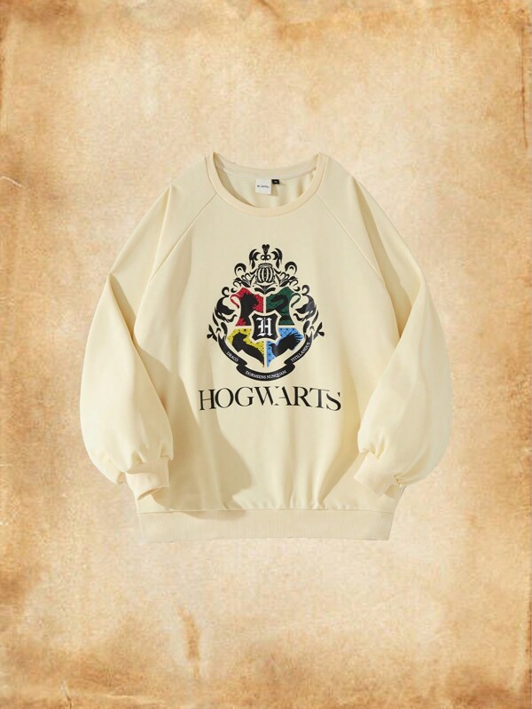 HARRY POTTER X SHEIN Sudadera con mangas raglán y estampe del emblema de Hogwarts en talla grande, color beige