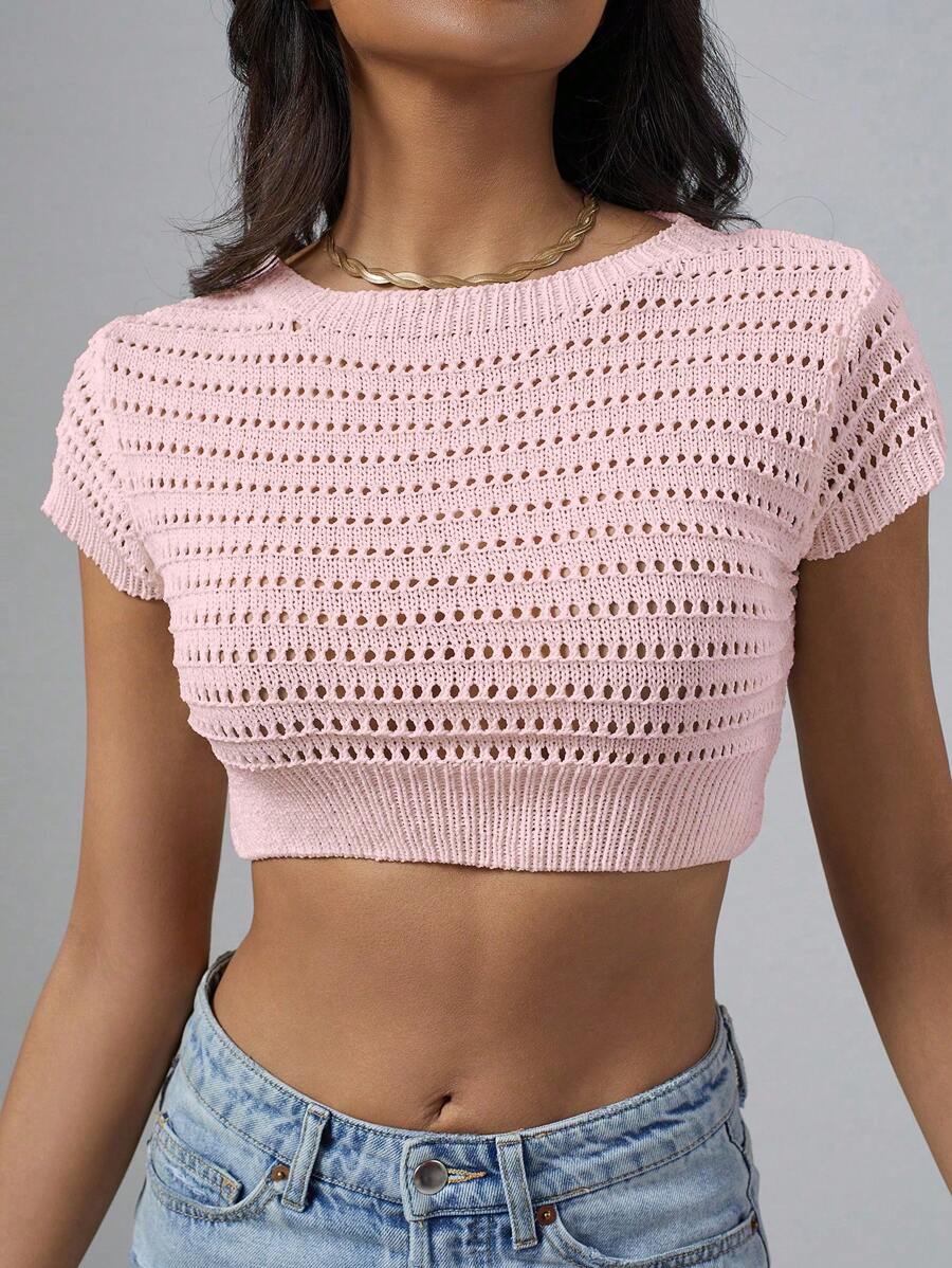 SHEIN Unity Solid Solid Crop Pointelle Knit Top - Pink - View 1