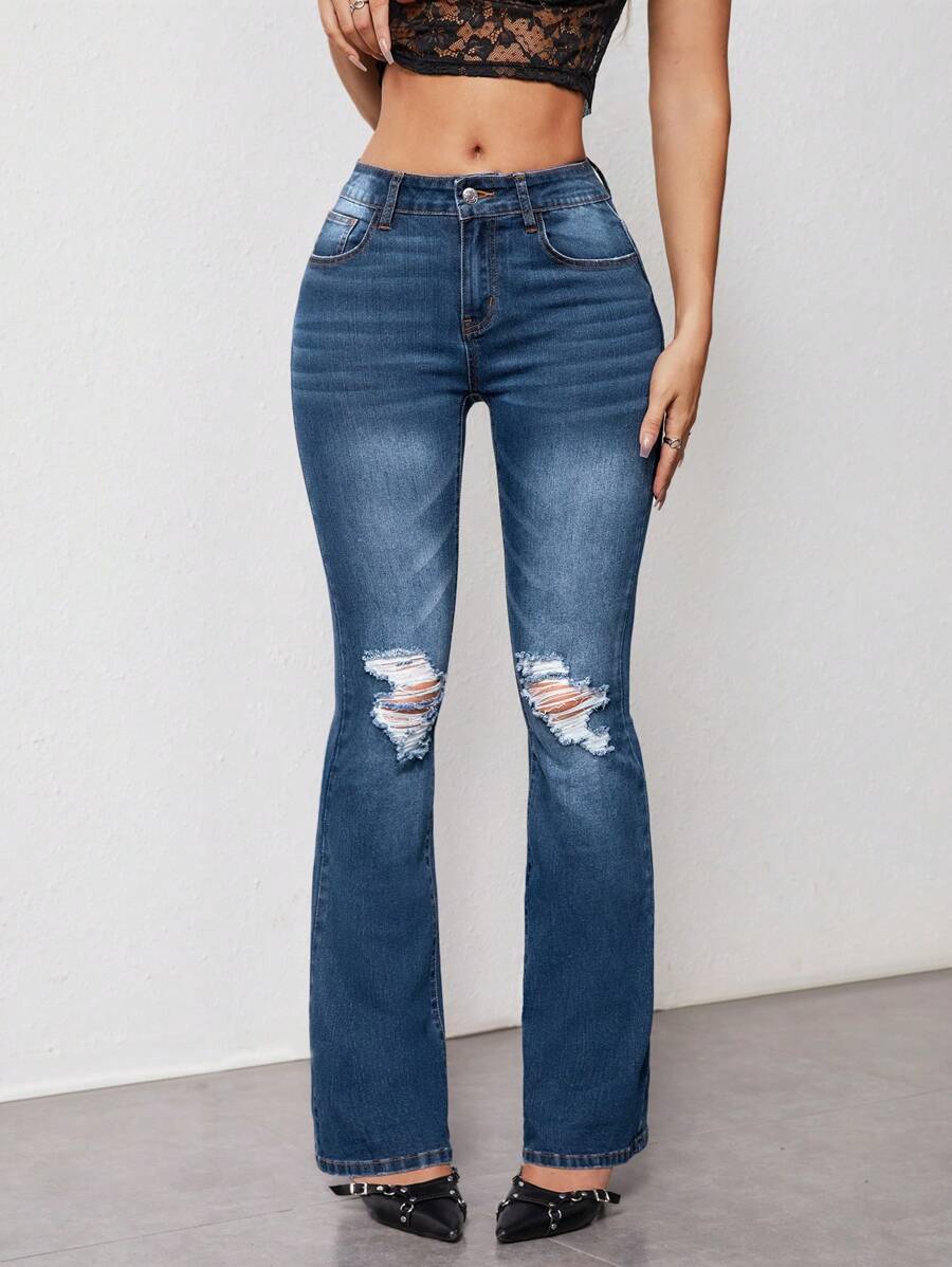 SHEIN EZwear Women Slant Pocket Ripped Flare Leg Jeans