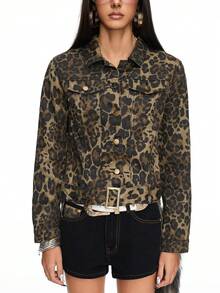 ROMWE J-Fashion Áo khoác denim họa tiết da báo Y2K It Girl cổ điển của Shibuya, trường học - màu nâu - Xem 6