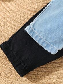 SHEIN 女婴两件套纸袋腰纽扣牛仔裤，时尚秋冬款 - 彩色 - 查看 5