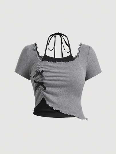 SHEIN MOD 大码女式拼色二合一挂脖 T 恤