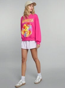 SHEIN EZwear Cartoon & Letter Graphic Drop Shoulder Sweatshirt - Hot Pink - View 6