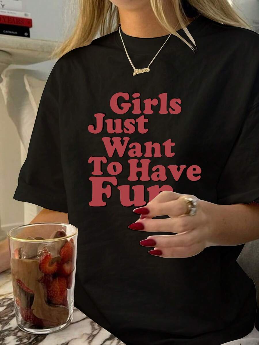 SHEIN EZwear 女士超大短袖T恤，休闲简约，带有英文图案印花和圆领，女孩只想玩得开心 - 黑色 - 查看 1