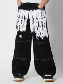 SUMWON Tween Girls Baggy Jeans With Contrast Stitching And Print - Black - View 1