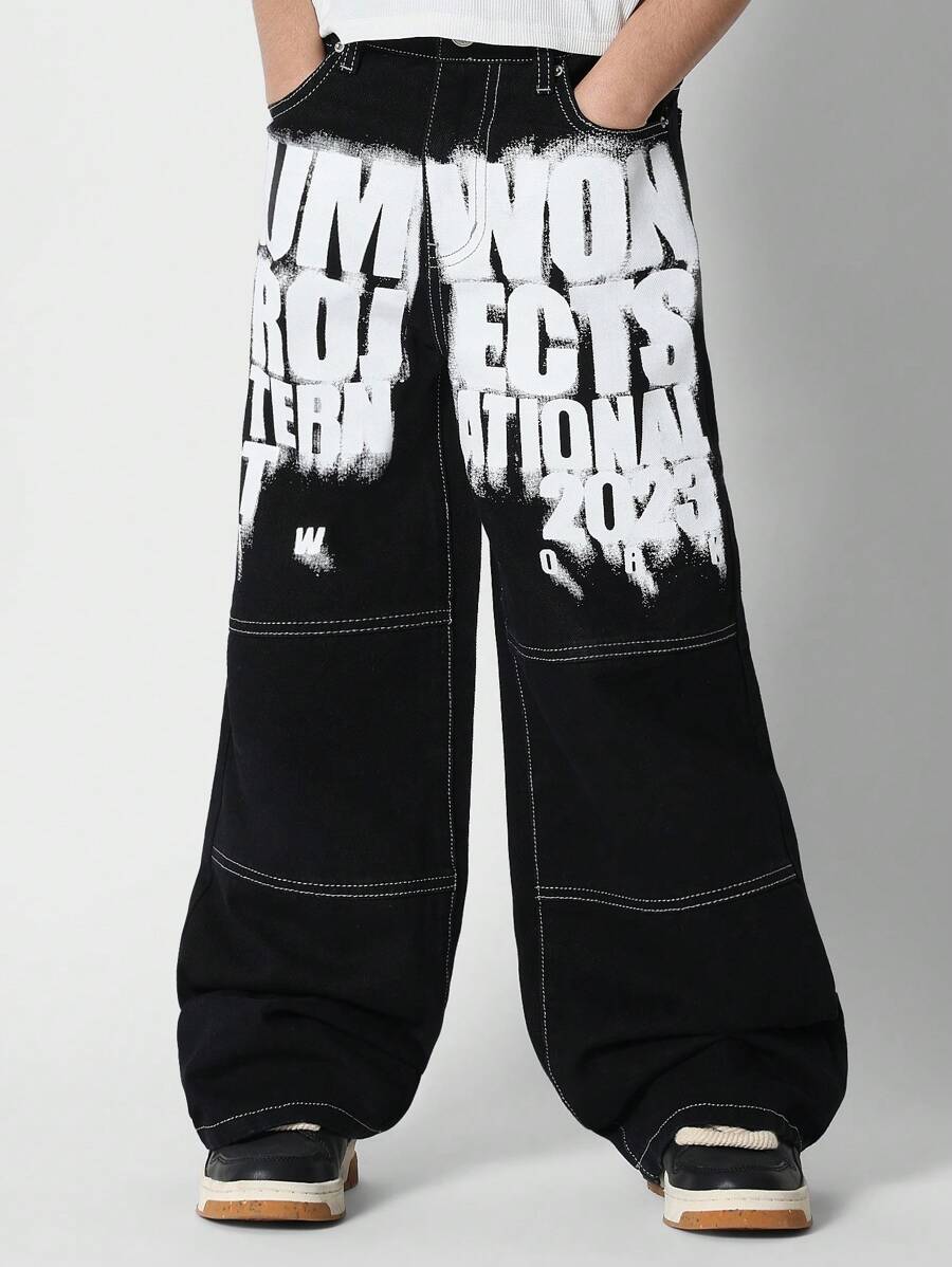 SUMWON Tween Girls Baggy Jeans With Contrast Stitching And Print - Black - View 1