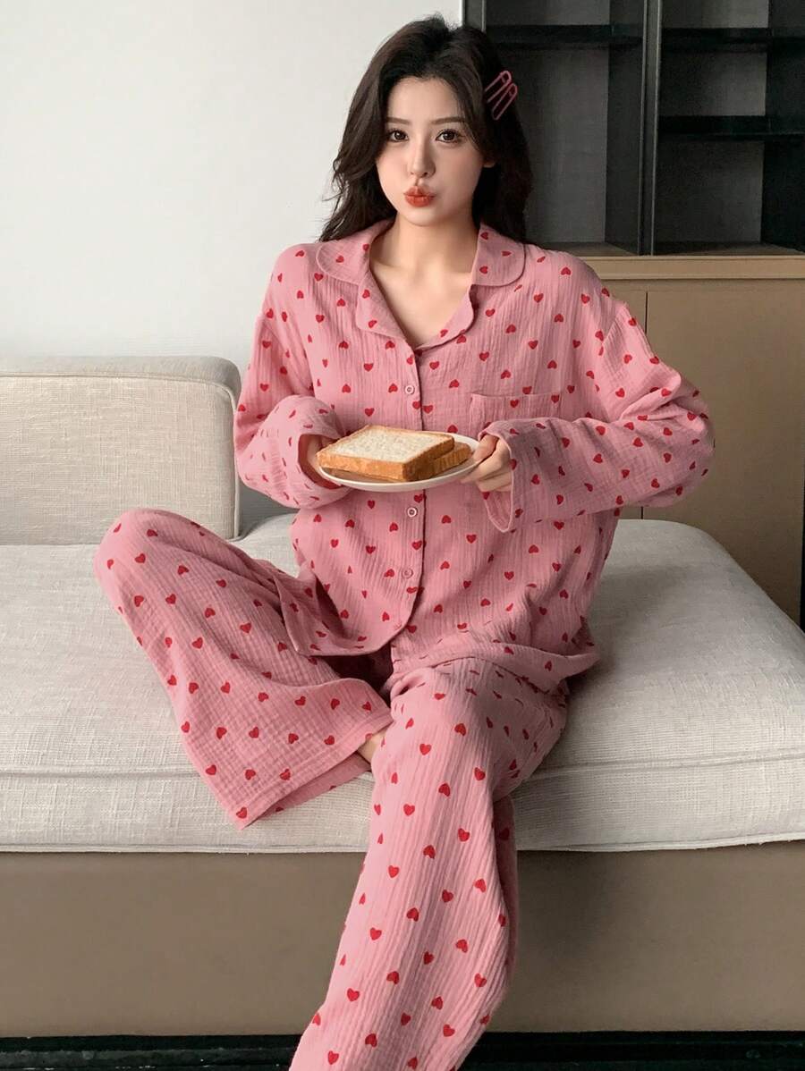 DAZY Ladies' Simple Everyday Heart Print Pajama Set, Fall Winter Clothes - Pink - View 1