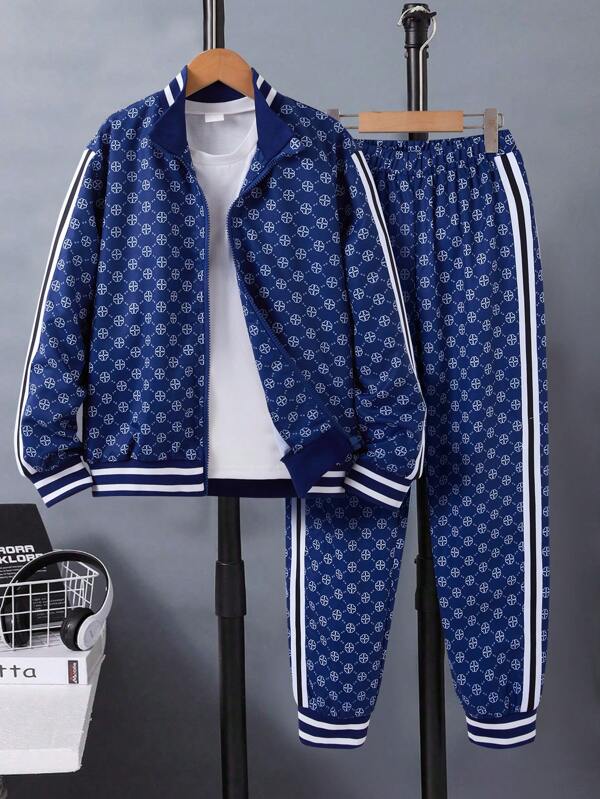 SHEIN 1 pièce Garçon préadolescent Veste imprimée intégrale avec bande contrastée et 1 pièce pantalon