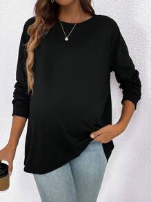 SHEIN Maternity Solid Round Neck Long Sleeves Tee - Black - View 5