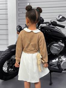 SHEIN Girls Spring And Autumn Two-Piece Casual Simple Knitted Jacquard Moon Bay Fabric Solid Color Long Sleeve V-Neck Top T-Shirt + Woven White Lapel Collar Tank Dress  Elegant Princess Dress A-Swing Skirt