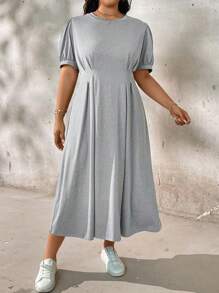 SHEIN LUNE A-Linie Laterne Ärmel Große Größen Kleid mit Falten Dekoration, um schlanker auszusehen - Grau - Übersicht 2